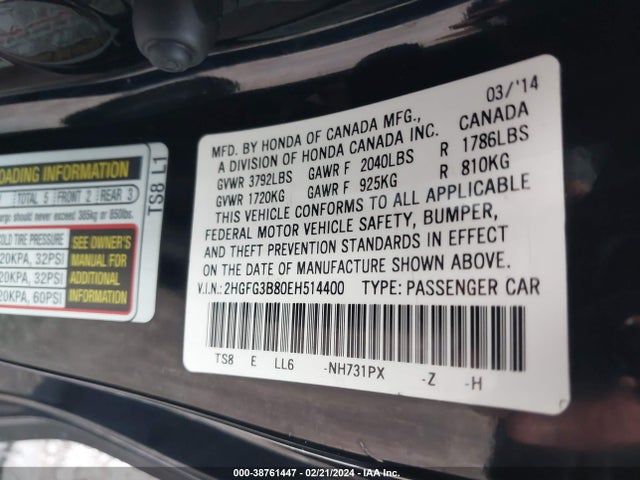 Honda CIVIC EX 2014 2HGFG3B80EH514400 Image 9