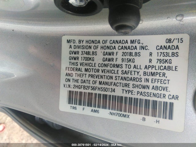 2015 HONDA CIVIC LX VIN: 2HGFB2F56FH550134