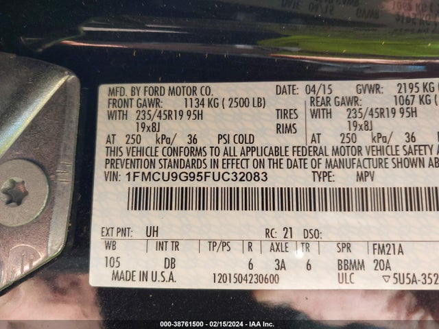 Ford ESCAPE SE 2015 1FMCU9G95FUC32083 Image 9