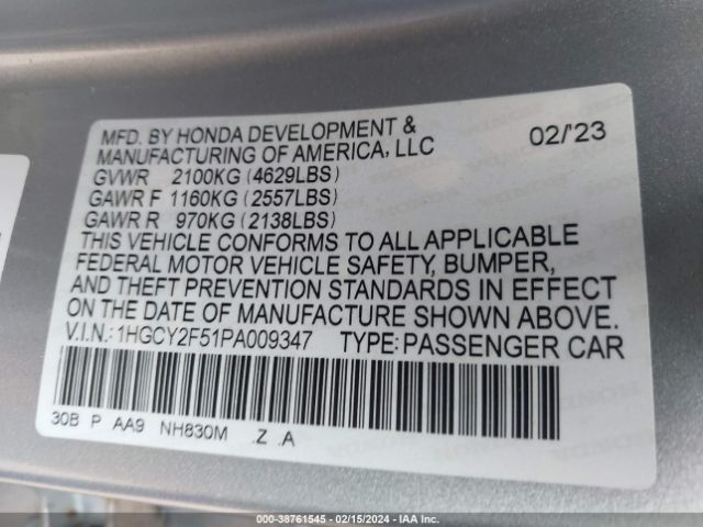 1HGCY2F51PA009347 Honda Accord Hybrid Sport