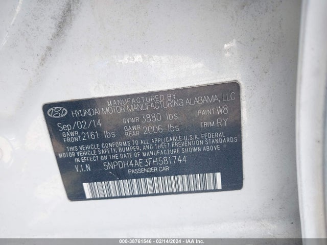 Hyundai Elantra Limited 2015 5NPDH4AE3FH581744 Image 9