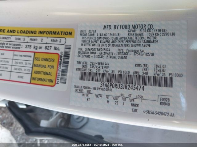 3FA6P0RU3JR245474 Ford Fusion Hybrid Titanium