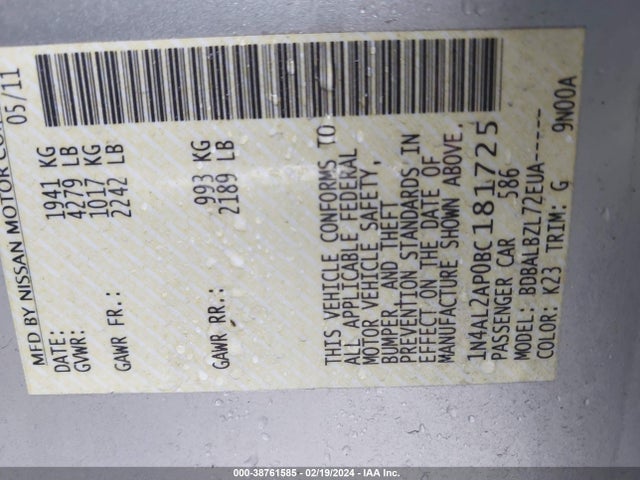 2011 NISSAN ALTIMA 2.5 S VIN: 1N4AL2AP0BC181725