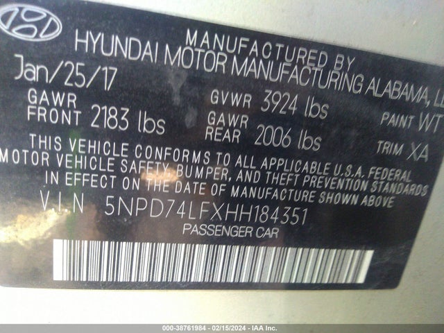 2017 HYUNDAI ELANTRA SE VIN: 5NPD74LFXHH184351