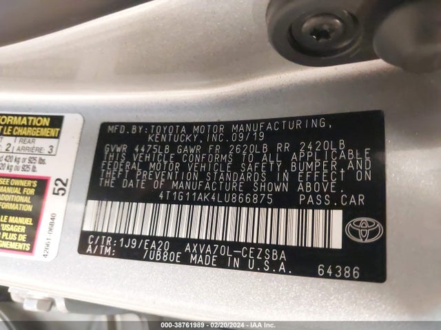 Toyota CAMRY SE 2020 4T1G11AK4LU866875 Image 9