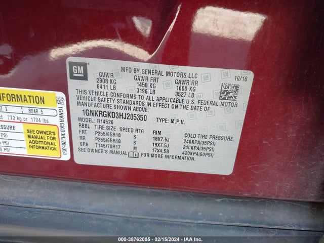 Chevrolet Traverse 1lt 2017 1GNKRGKD3HJ205350 Image 9