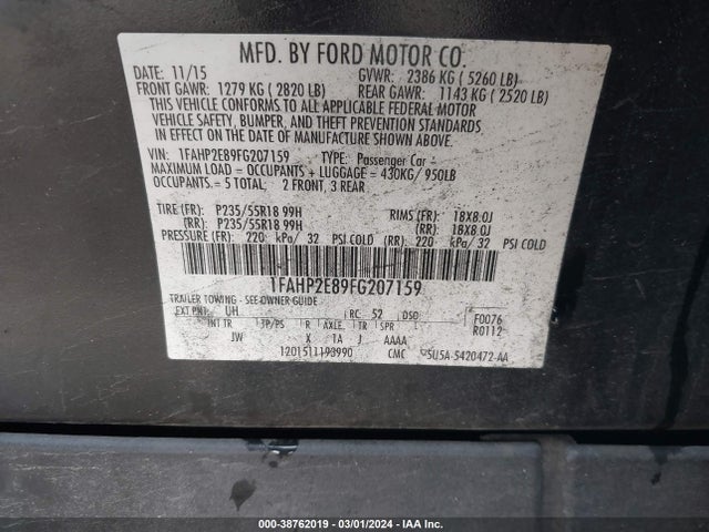Ford TAURUS SEL 2015 1FAHP2E89FG207159 Image 9