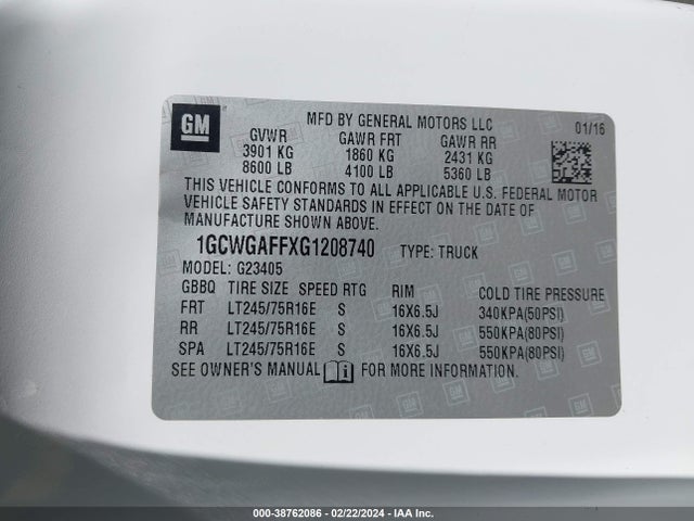 Chevrolet Express 2500 Work Van 2016 1GCWGAFFXG1208740 Image 9