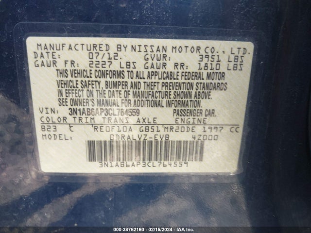 2012 NISSAN SENTRA 2.0 SL VIN: 3N1AB6AP3CL764559