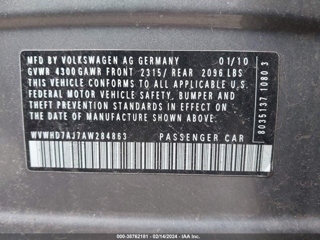 2010 VOLKSWAGEN GTI 4-DOOR VIN: WVWHD7AJ7AW284863