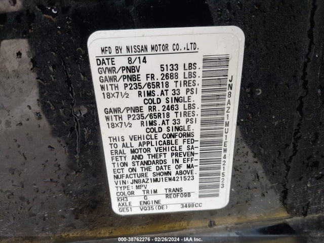 Nissan MURANO SL 2014 JN8AZ1MU1EW421523 Image 9