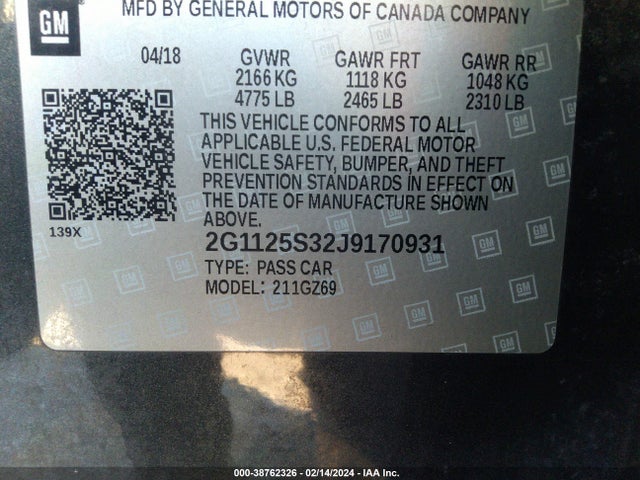 Chevrolet IMPALA 2LZ 2018 2G1125S32J9170931 Image 9
