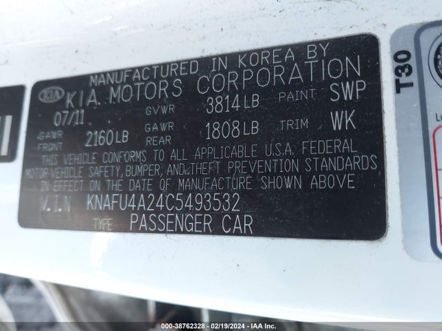 2012 KIA FORTE EX VIN: KNAFU4A24C5493532