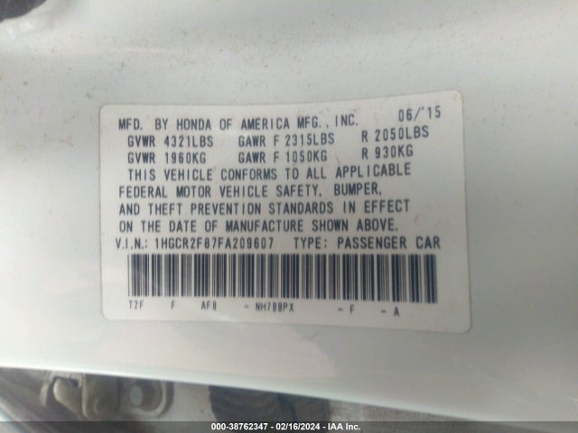 Honda Accord Ex-l 2015 1HGCR2F87FA209607 Image 9