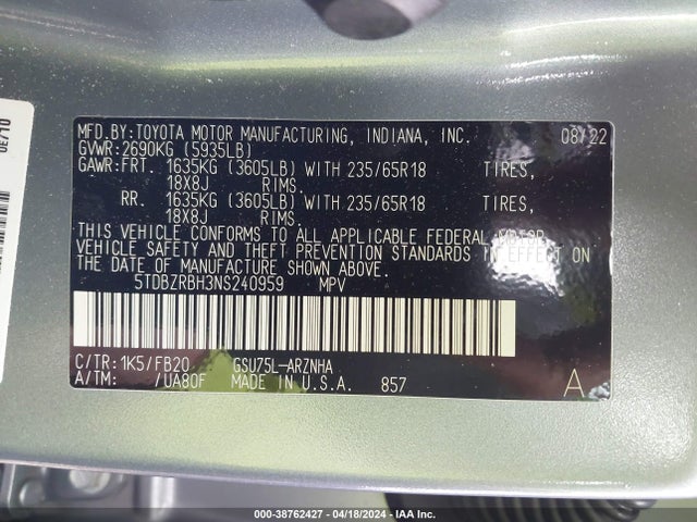 Toyota Highlander Le 2022 5TDBZRBH3NS240959 Image 9