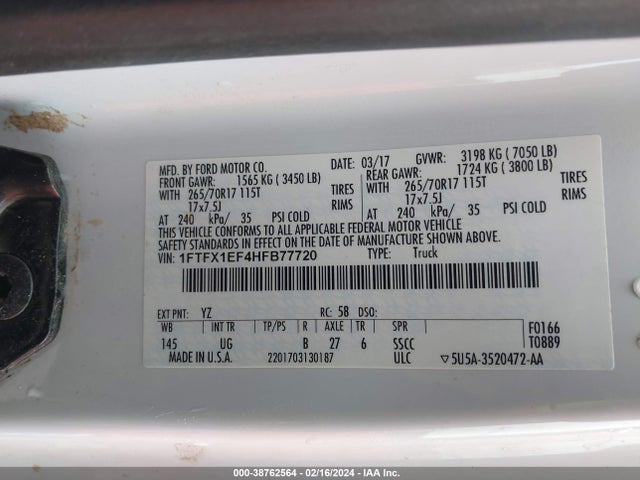 Ford F-150 Xlt 2017 1FTFX1EF4HFB77720 Image 9