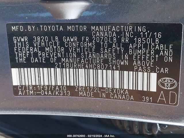 Toyota COROLLA L 2017 2T1BURHE4HC807141 Image 9