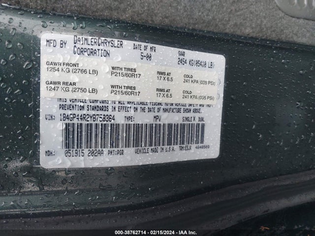 2000 DODGE GRAND CARAVAN SE VIN: 1B4GP44R2YB758364