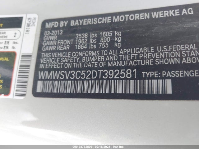 2013 MINI HARDTOP WMWSV3C52DT392581 Photo 8