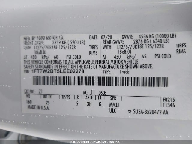 Ford F-250 Xlt 2020 1FT7W2BT5LEE02278 Image 9