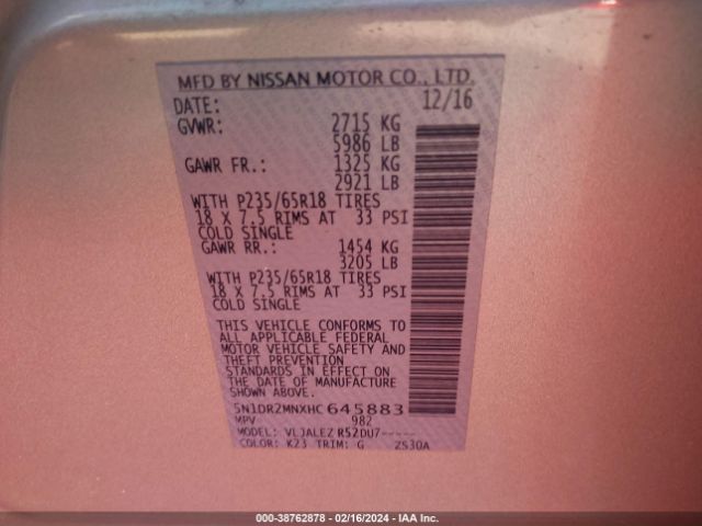 5N1DR2MNXHC645883 Nissan Pathfinder Sv