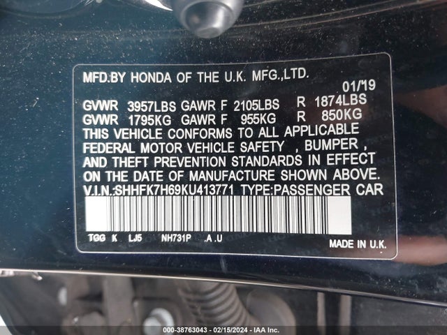 Honda CIVIC EX 2019 SHHFK7H69KU413771 Image 9