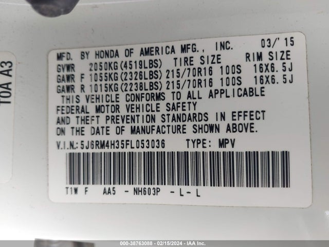 Honda CR-V LX 2015 5J6RM4H35FL053036 Image 9