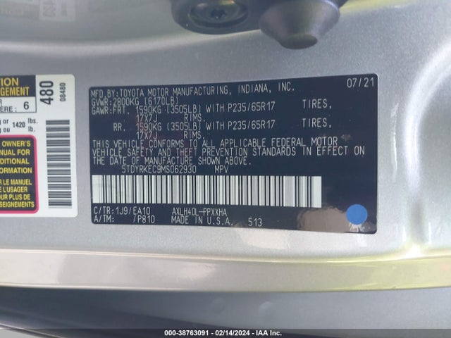 2021 TOYOTA SIENNA XLE VIN: 5TDYRKEC9MS062930