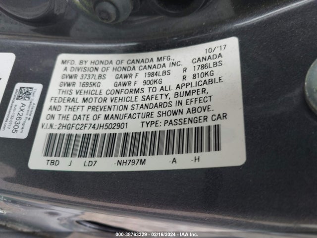 38763329 :رقم المزاد ، 2HGFC2F74JH502901 vin ، 2018 Honda Civic Ex مزاد بيع
