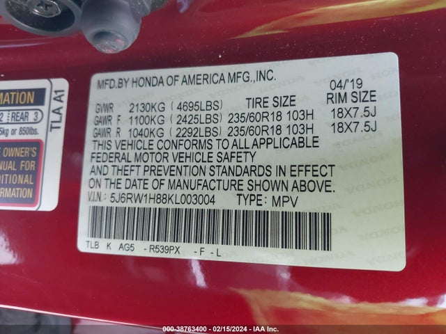 Honda Cr-v Ex-l 2019 5J6RW1H88KL003004 Image 9