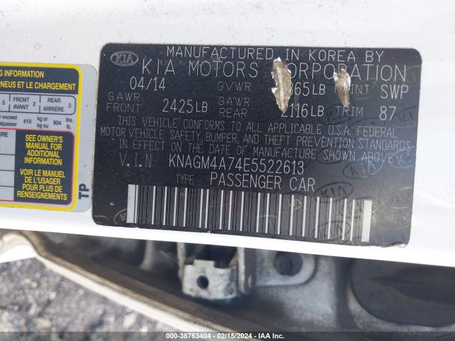 KIA Optima Lx 2014 KNAGM4A74E5522613 Image 9