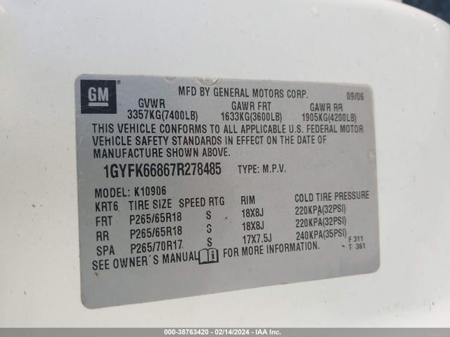 2007 CADILLAC ESCALADE ESV STANDARD VIN: 1GYFK66867R278485