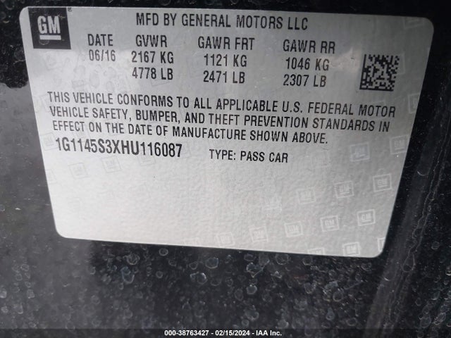 Chevrolet IMPALA 2LZ 2017 1G1145S3XHU116087 Image 9