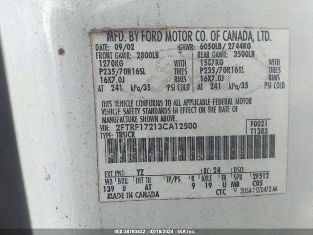 2003 FORD F-150 XL/XLT VIN: 2FTRF17213CA12500