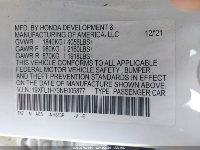 19XFL1H73NE005877 Honda Civic Ex-l