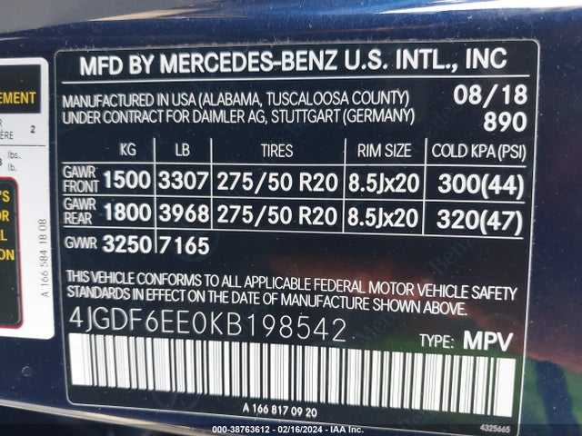 Продажа на аукционе авто 2019 Mercedes-benz Gls 450 4matic, vin: 4JGDF6EE0KB198542, номер лота: 38763612