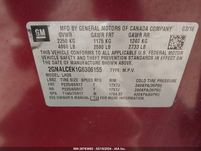 Chevrolet EQUINOX LT 2016 2GNALCEK1G6306155 Image 9