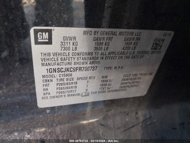 Chevrolet Suburban 1500 Lt 2015 1GNSCJKC9FR700737 Image 9