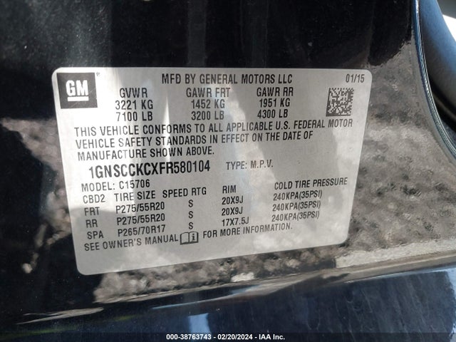 Chevrolet Tahoe Ltz 2015 1GNSCCKCXFR580104 Image 9