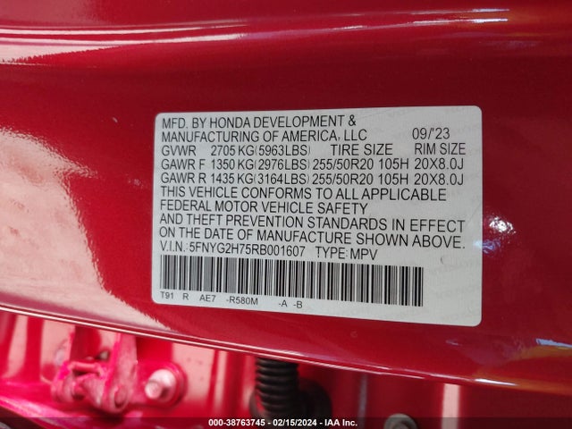 Honda Pilot 2wd Touring 2024 5FNYG2H75RB001607 Image 9