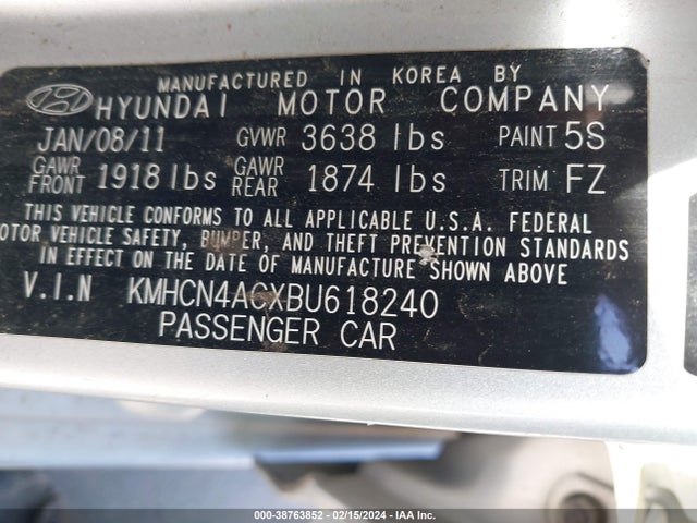 2011 HYUNDAI ACCENT GLS VIN: KMHCN4ACXBU618240