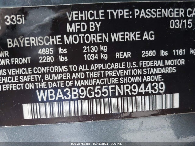 BMW 335i Xdrive 2015 WBA3B9G55FNR94439 Image 9