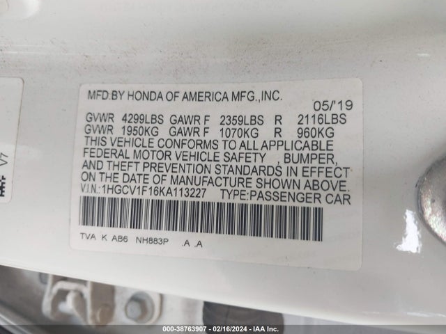 Honda ACCORD LX 2019 1HGCV1F16KA113227 Image 9