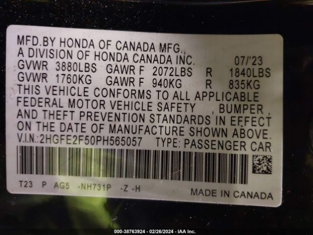 2HGFE2F50PH565057 Honda Civic Sport