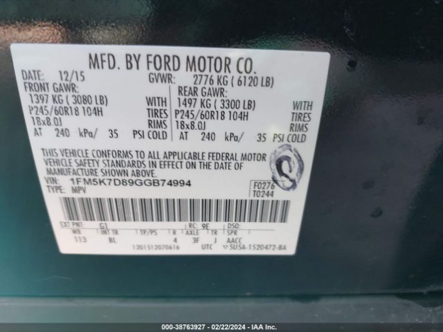 1FM5K7D89GGB74994 Ford EXPLORER XLT