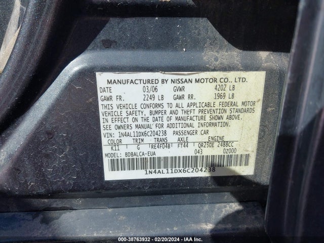 2006 NISSAN ALTIMA 2.5 S VIN: 1N4AL11DX6C204238