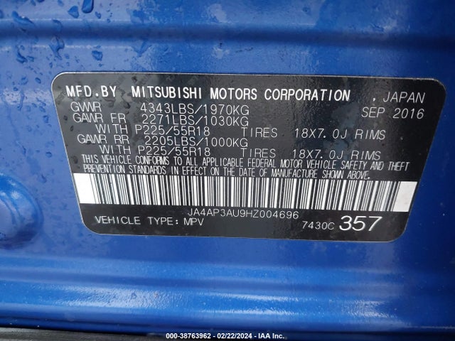 JA4AP3AU9HZ004696 Mitsubishi Outlander Sport 2.0 Es