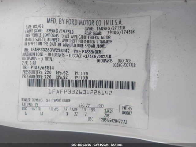 2003 FORD FOCUS LX VIN: 1FAFP33Z63W228142