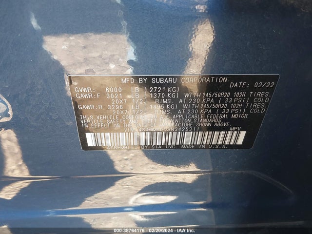 Subaru Ascent Touring 2022 4S4WMARD9N3425311 Image 9