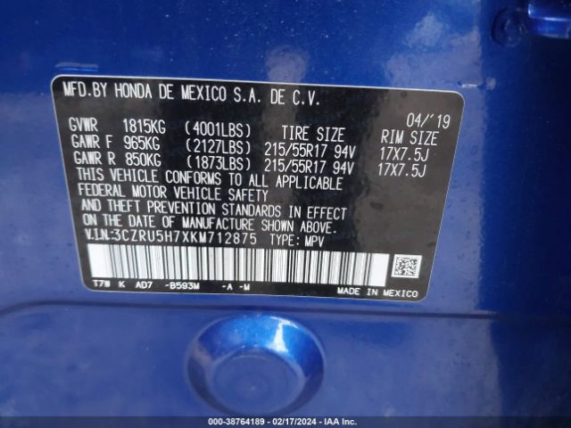 3CZRU5H7XKM712875 Honda Hr-v Ex-l